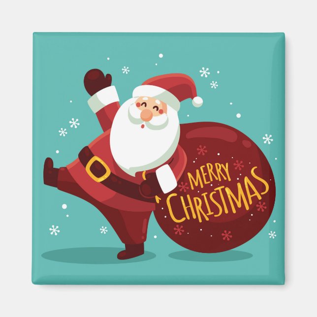 Imán Merry Christmas: Santa Claus Holding Sack of Gifts (Frente)