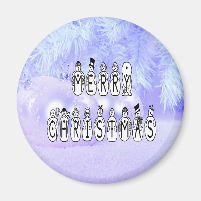 Imán Merry Christmas Snow People Font, Blue Tint Snow (Frente)