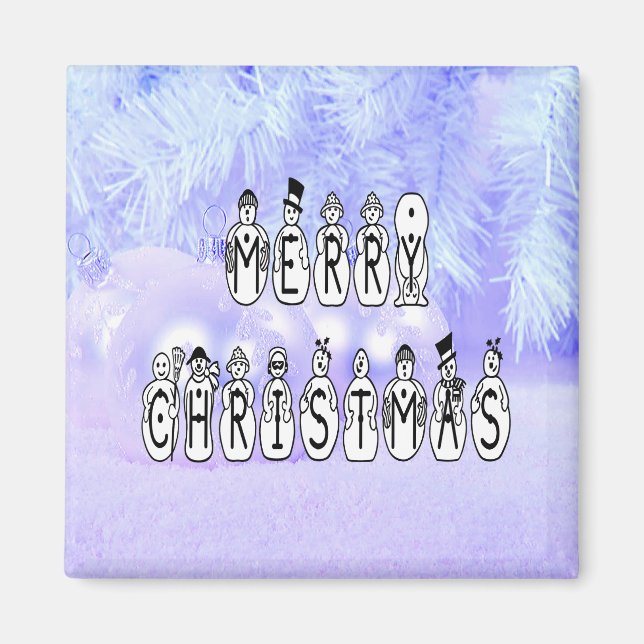Imán Merry Christmas Snow People Font, Blue Tint Snow (Frente)