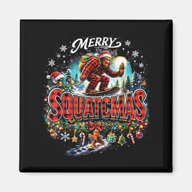 Imán Merry Christmas Squatchmas Funny Bigfoot Snowboard (Frente)