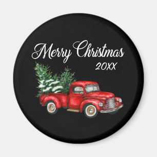 Imán Merry Christmas Tree Date Vintage Red Truck Black