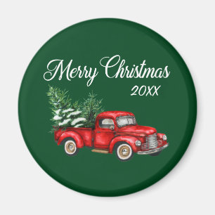 Imán Merry Christmas Tree Date Vintage Red Truck Green