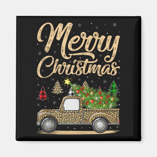 Imán Merry Christmas Tree Leopard Truck Xmas Family Paj (Frente)