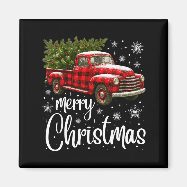 Imán Merry Christmas Truck Buffalo Plaid Xmas Tree Men  (Frente)