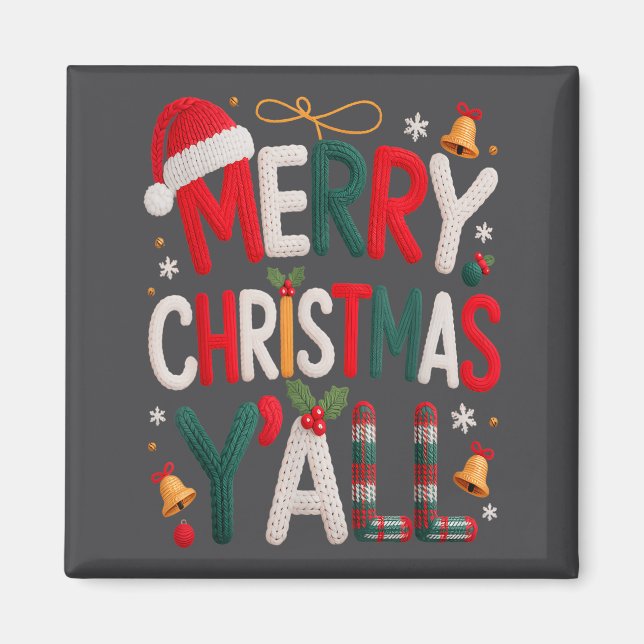 Imán Merry Christmas Y'all Santa Hat Crochet Knitting Q (Frente)