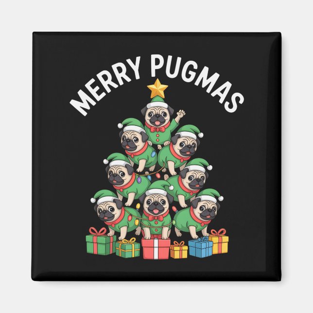 Imán Merry Pugmas Funny Pug Christmas Tree Holiday Long (Frente)