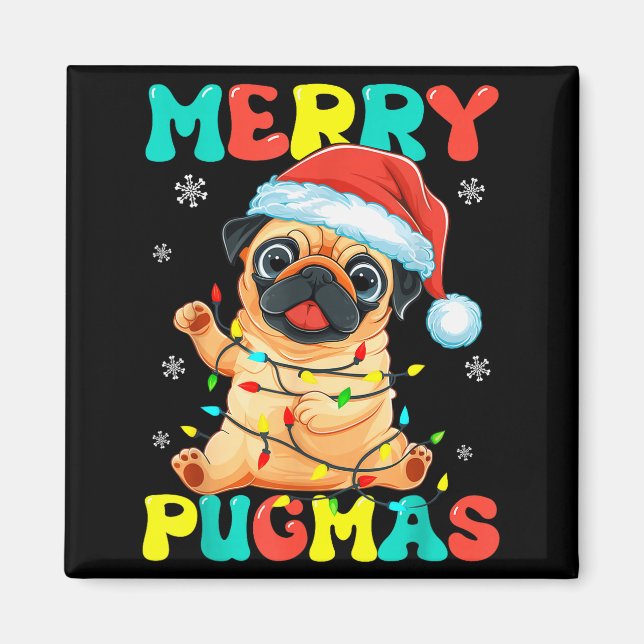Imán Merry Pugmas Pug Christmas Santa Pug Xmas Lights D (Frente)
