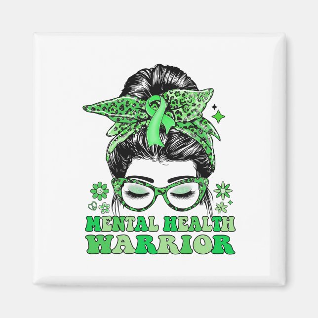Imán Messy Bun Leopard Green Ribbon Mental Health Warri (Frente)
