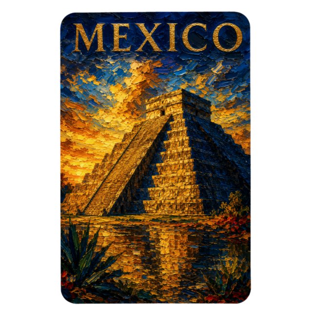 Imán Mexico: Aesthetic Sunset Chichen Itza Art Souvenir (Vertical)