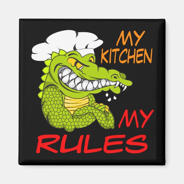 Imán Mi cocina mis reglas, cocinero lagarto, negro (Frente)