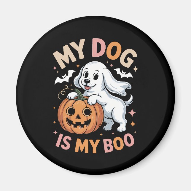 Imán Mi perro es mi Boo divertida Halloween (Frente)