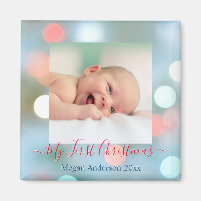 Imán Mi primer nombre de navidad DIY Fecha Foto Texto r (Frente)