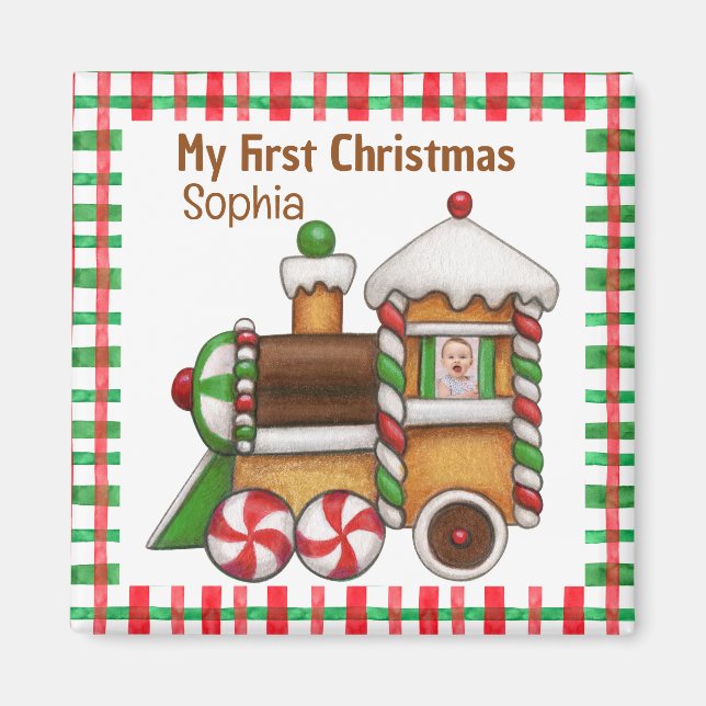 Imán Mi primer nombre navideño de costumbre tren lindo (Frente)