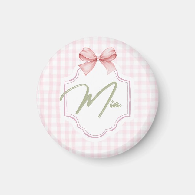 Imán Mia Personalizada Bebé Niña Nursery Bow & Gingham (Frente)