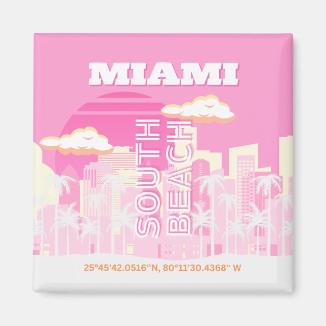 Imán Miami Beach, Miami Travel Art, Preppy, Pink (Frente)