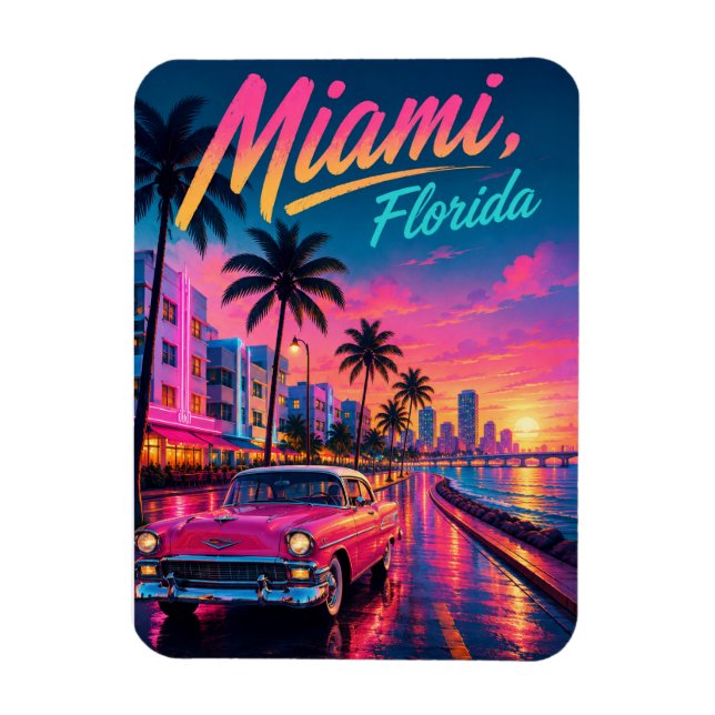 Imán Miami Florida Retro Neon Atardecer Viaje (Vertical)