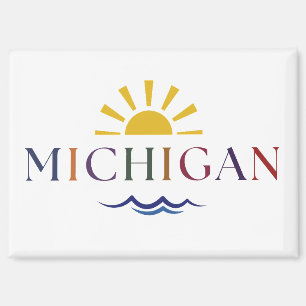 Imán Michigan Rainbow Text Sun and Waves Key Magnet