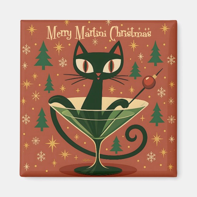 Imán Mid Century Black Cat Merry Martini Christmas (Frente)