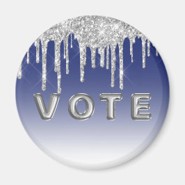 Imán Midnight Blue Silver Glitter Drip Graphic Vote