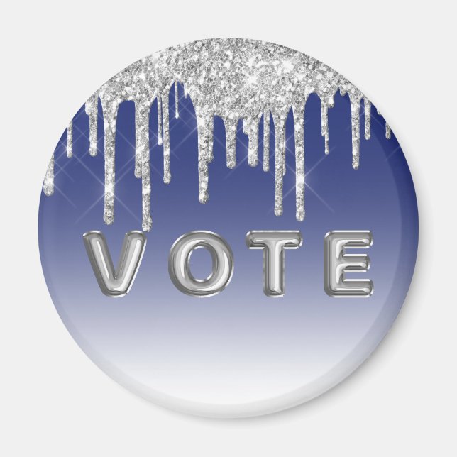 Imán Midnight Blue Silver Glitter Drip Graphic Vote (Frente)