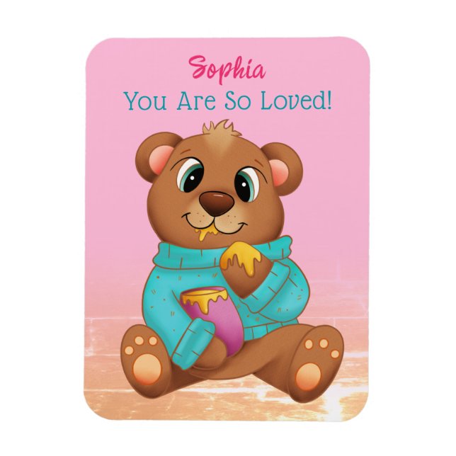 Imán Miel de oso lindo comiendo, nombre/mensaje del niñ (Vertical)