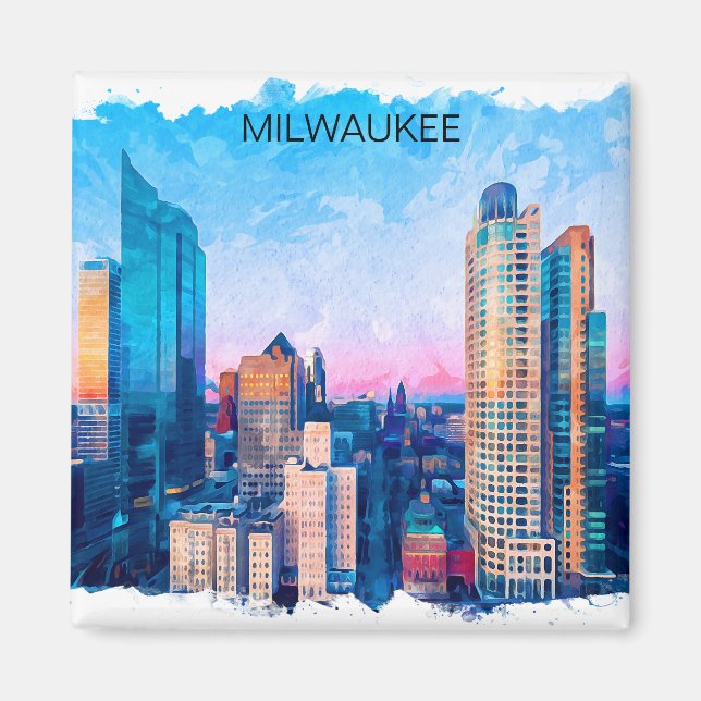 Imán Milwaukee Wisconsin Watercolor Cityscape Travel (Frente)