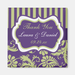 Imán Mimán de favor de la boda morada, blanca y verde