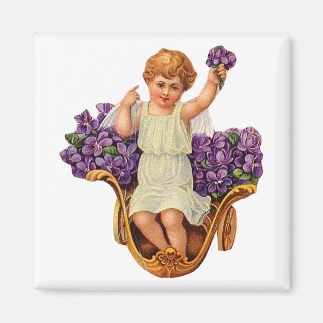 Imán Mimán de flores de cherúb y púrpura (Frente)