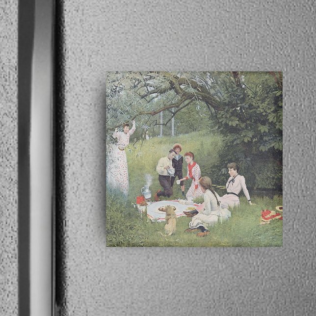 Imán Mimán picnic de Victoria (Vintage image of Victorian family out in woods with dog for family picnic on square magnet.)