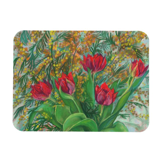 Imán Mimosa y tulipanes, flores de primavera, pintura f (Horizontal)