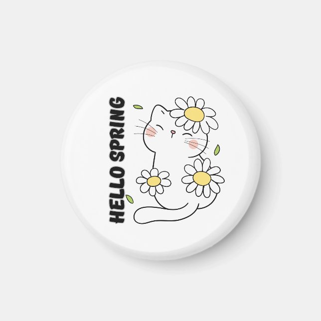 Imán Minimalist Aesthetic Hello Spring Cat & Daisy  (Frente)