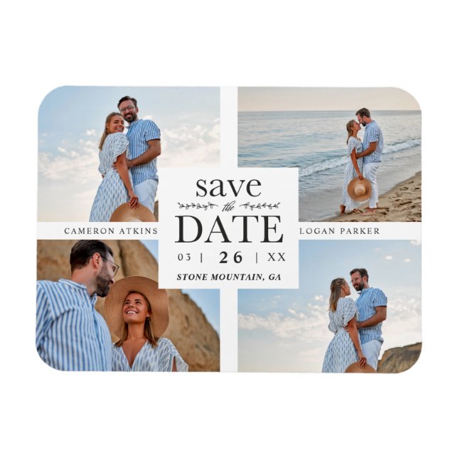 Imán Minimalist Modern Collage 4 Custom Photos Wedding (Horizontal)