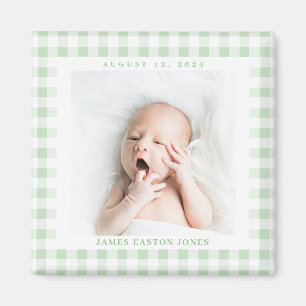 Imán Mint Green Gingham Check Baby Birthdate Magnet