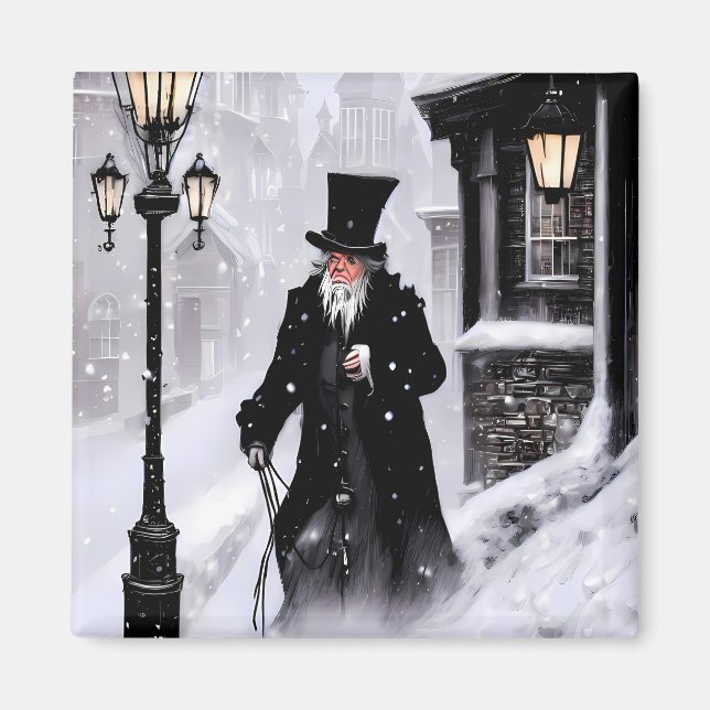 Imán Miserly Ebenezer Scrooge Snowy Victorian Street (Frente)