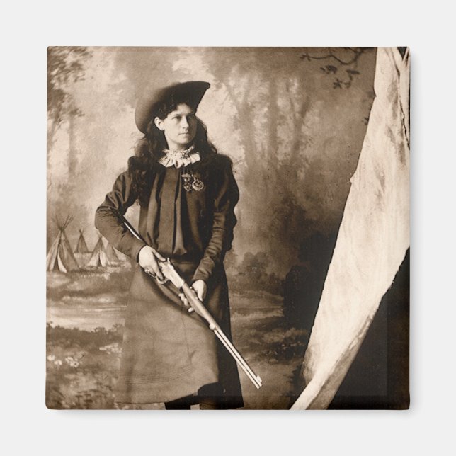 Imán Miss Annie Oakley con un retrato fotográfico vinta (Frente)