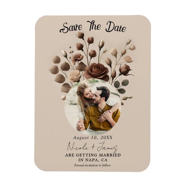Imán Mocha Mousse Beige Brown Floral Save The Date (Vertical)