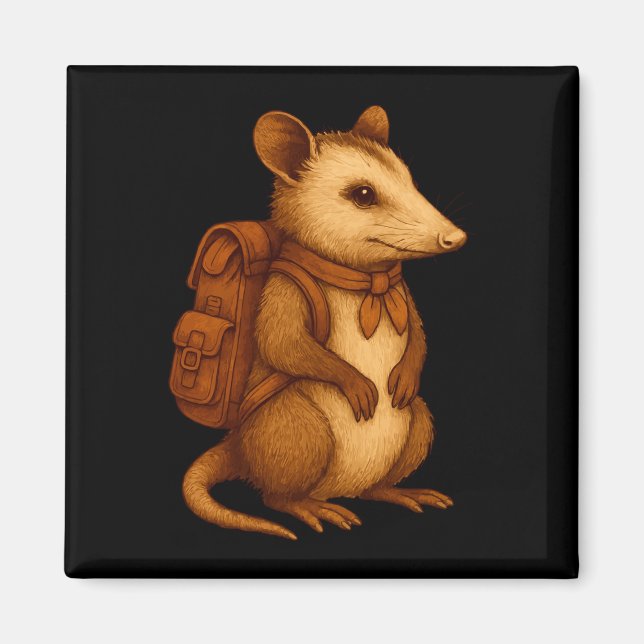 Imán Mochilero de opossum lindo acampando excursionista (Frente)