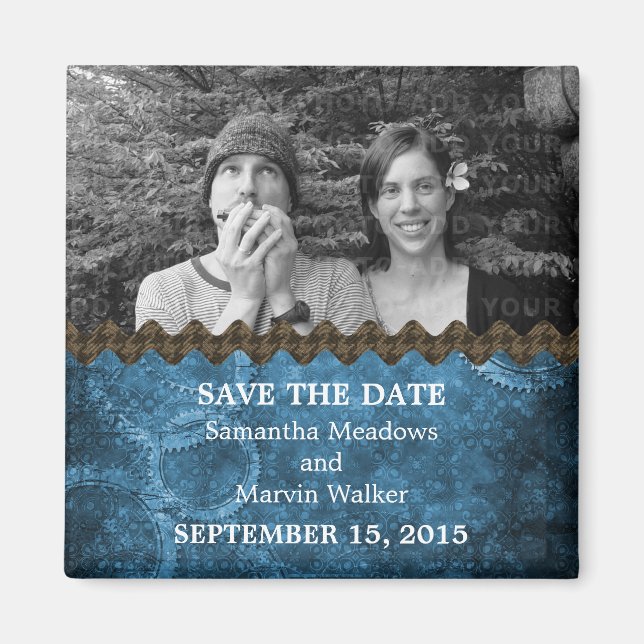 Imán Moda azul Steampunk Photo Save the Date Magnet (Frente)
