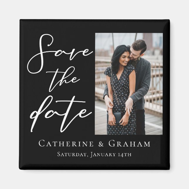 Imán Moda Black White Script Couple Photo Save the Date (Frente)