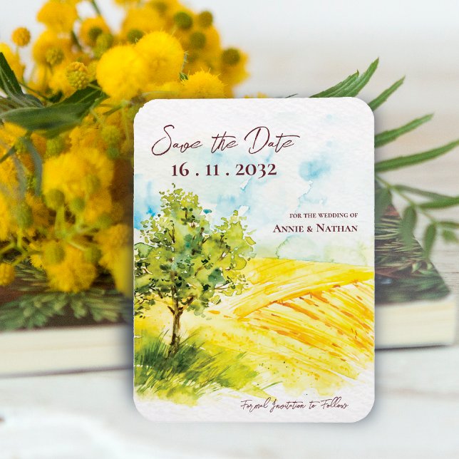 Imán Moda Boda de paisajes de granjas amarillo brillant (Chic Bright Yellow Farmland Landscape Wedding Invitation Magnet)