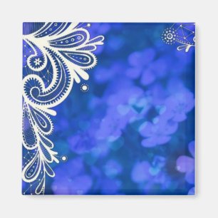 Imán Moda bohemiana azul floral encaje blanco
