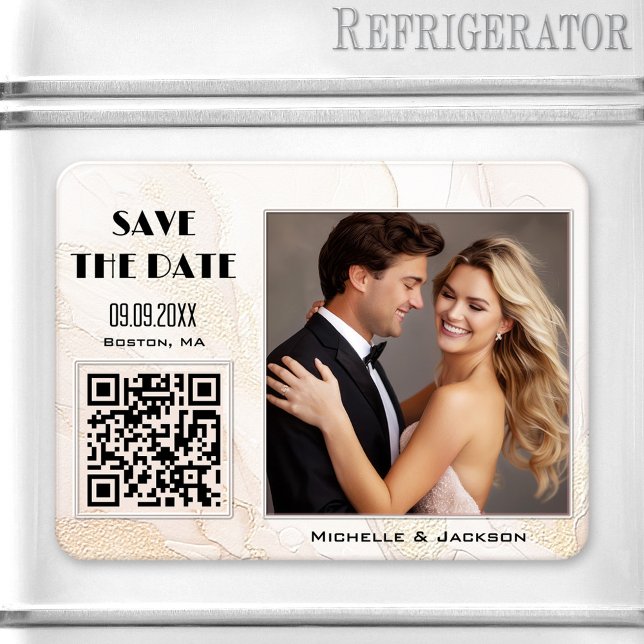 Imán Moda Boho Foto Código QR Guardar fecha (Modern Save the Date magnet featuring your photo on an artistic ivory and peach boho chic design)