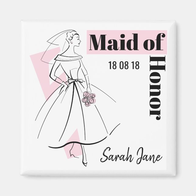 Imán Moda Novia Pink Maid of Honor Date Square (Frente)
