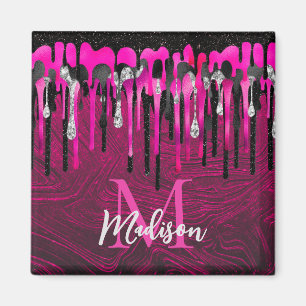Imán Moda purpurina negro rosado caliente goteo monogra