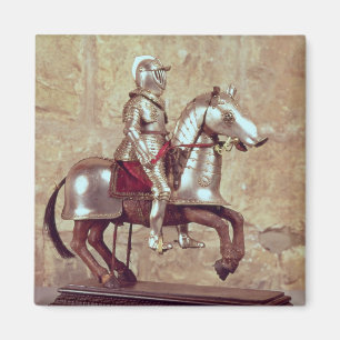 Imán Modelo de un caballo y de un jinete bardados,