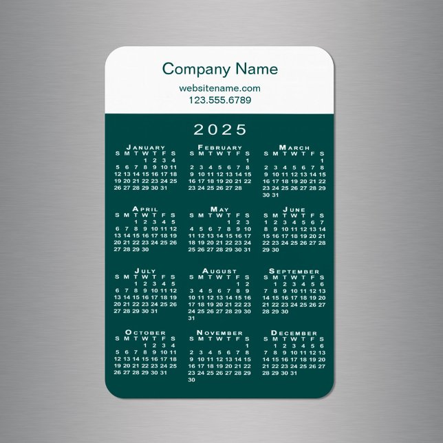 Imán Modern 2025 Calendar Company Nombre Verde azulado  (Modern 2025 Calendar Company Name Teal White Magnet in situ)