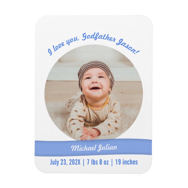 Imán Modern Baby Boy Photo Birth Announcement Godfather (Vertical)