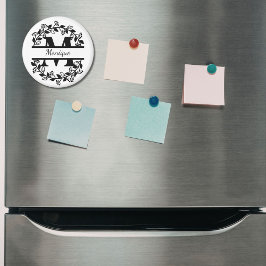 Imán Modern Black Floral Wreath Split Monogram "M"