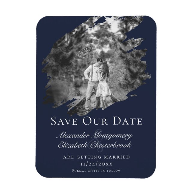 Imán Modern Brushstroke Photo Save the Date Navy Blue (Vertical)