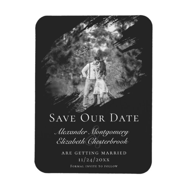 Imán Modern Brushstroke Photo Save the Date Soft Black (Vertical)